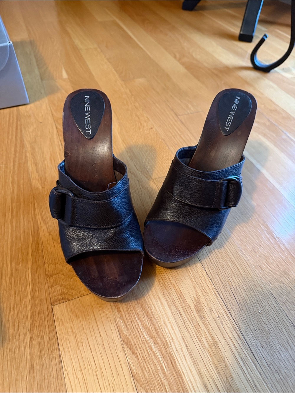 Nine West Brown  Leather Buckle Mule Slides